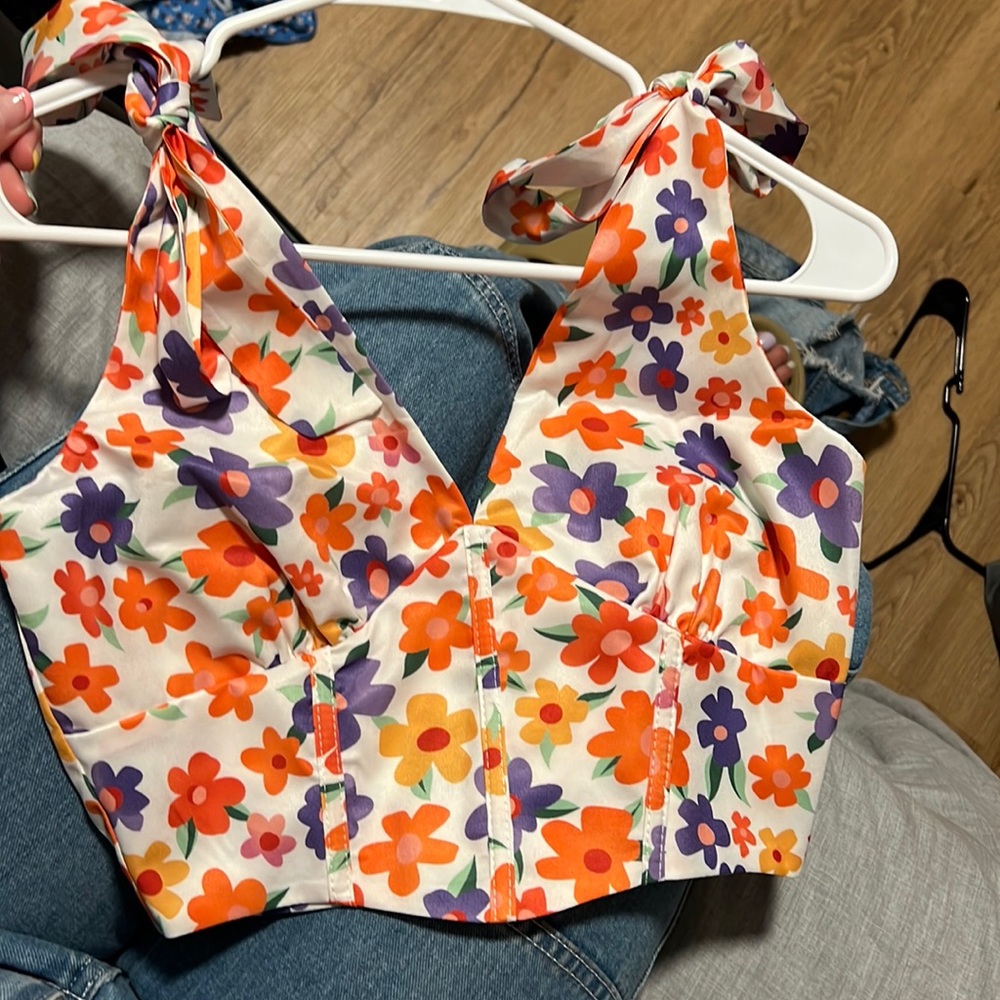 Fake corset flower top zipper in the back